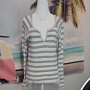 Roxy ​Striped Long Sleeve Henley Tee - Heather Gray & Navy Medium